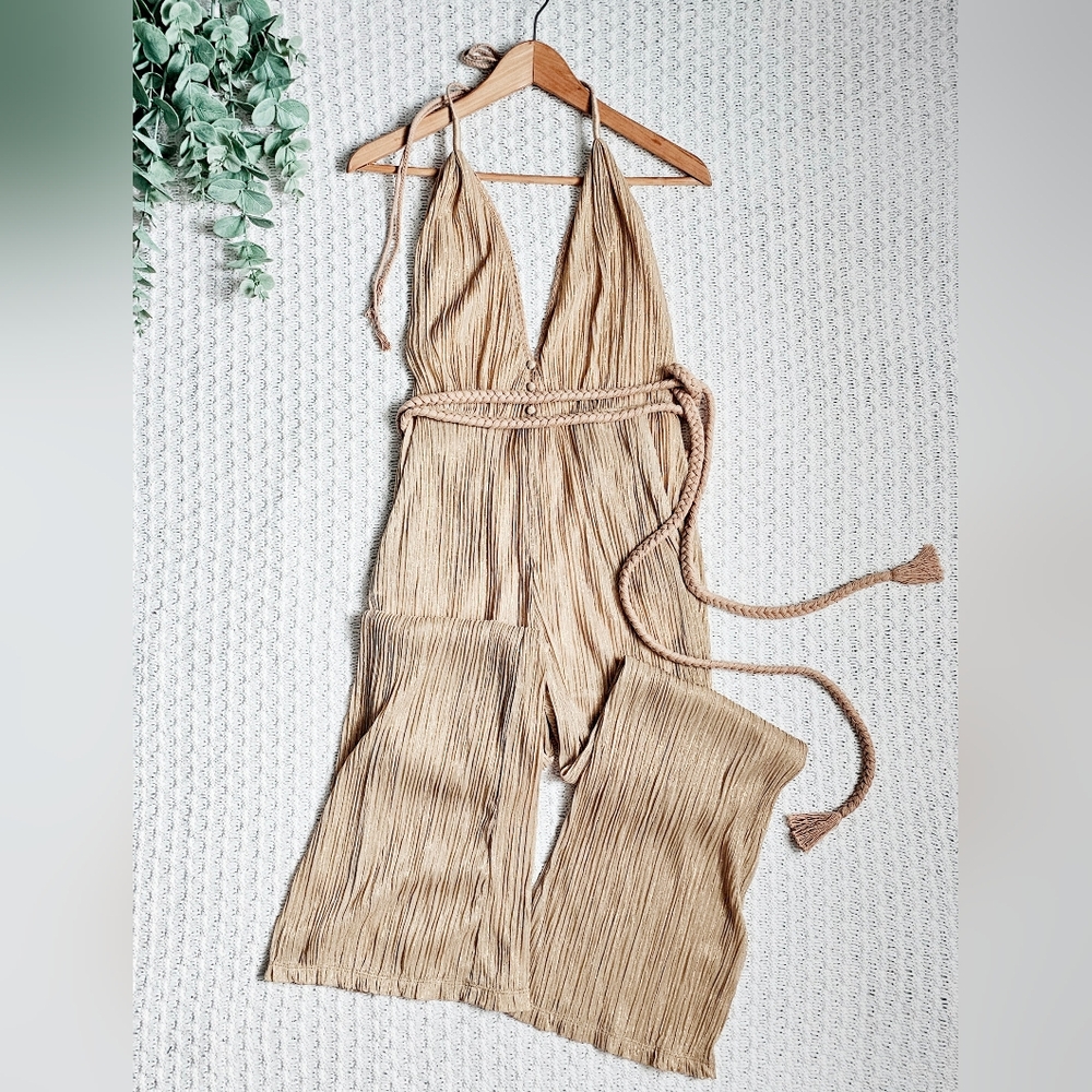 Spell & The Gypsy Liquid Gold Jumpsuit Sheer Lined Metallic Tie Halter Vintage S - Picture 2 of 16
